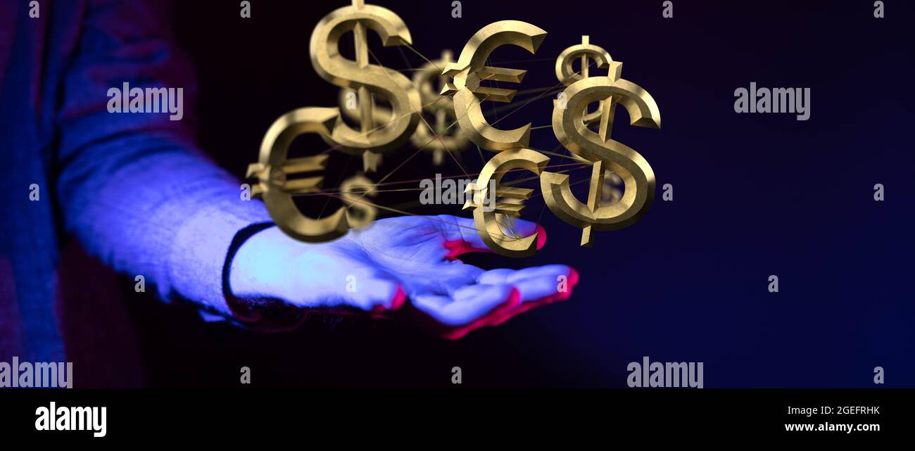 La mano del maschio che tiene un'illustrazione del dollaro contro il concetto dell'euro Foto Stock