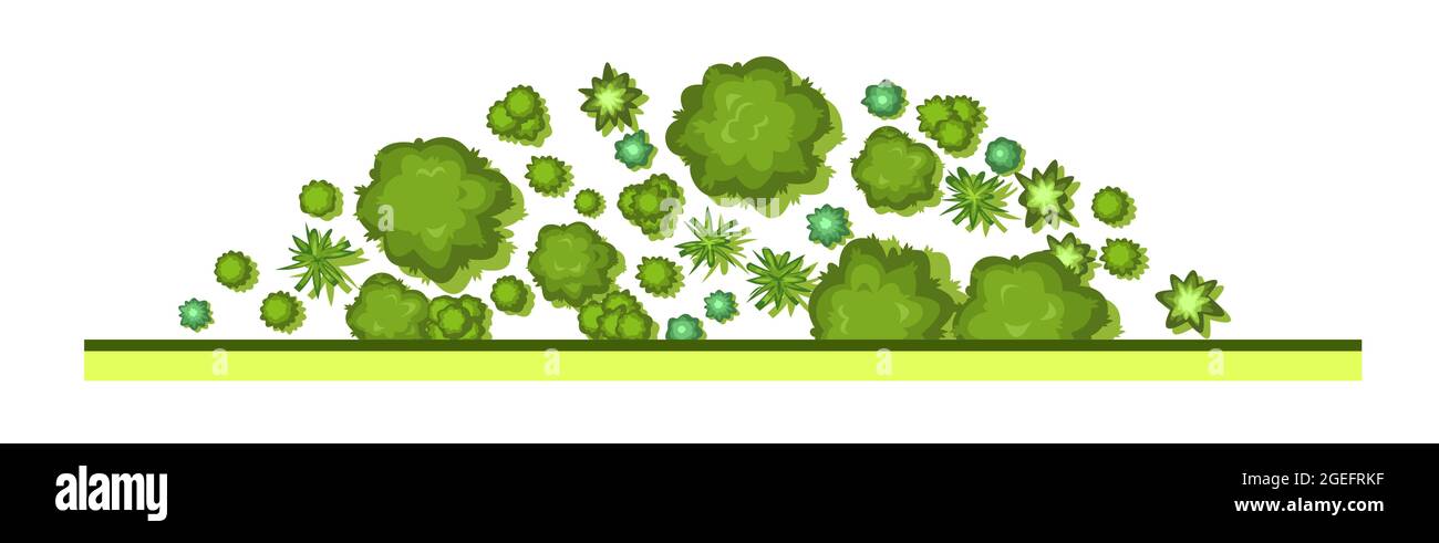 Il bordo della foresta. Alberi e arbusti. Vista dall'alto. Pianta paesaggio. Flora e fauna selvatiche. Vista dall'alto. Altezza. Illustrazione in stile cartone animato. Isolato Illustrazione Vettoriale