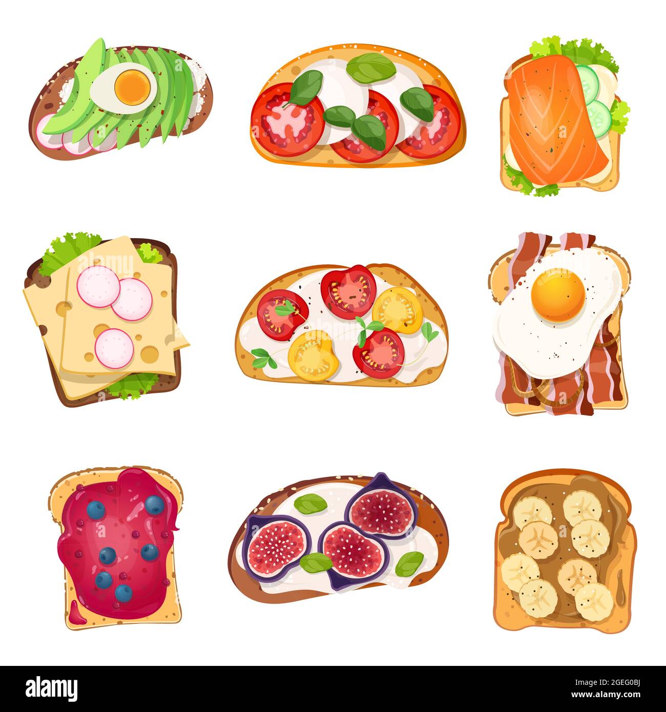 Toast saporiti e dolci con vari condimenti a colazione, pranzo o spuntino. Pezzetti di pane bianco e di segale ripieni di verdure, frutta, pesce e che Illustrazione Vettoriale