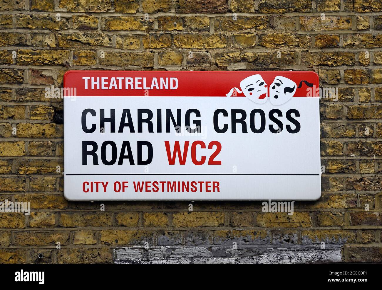 Londra, Inghilterra, Regno Unito. Cartello stradale: Charing Cross Road, WC2 Foto Stock