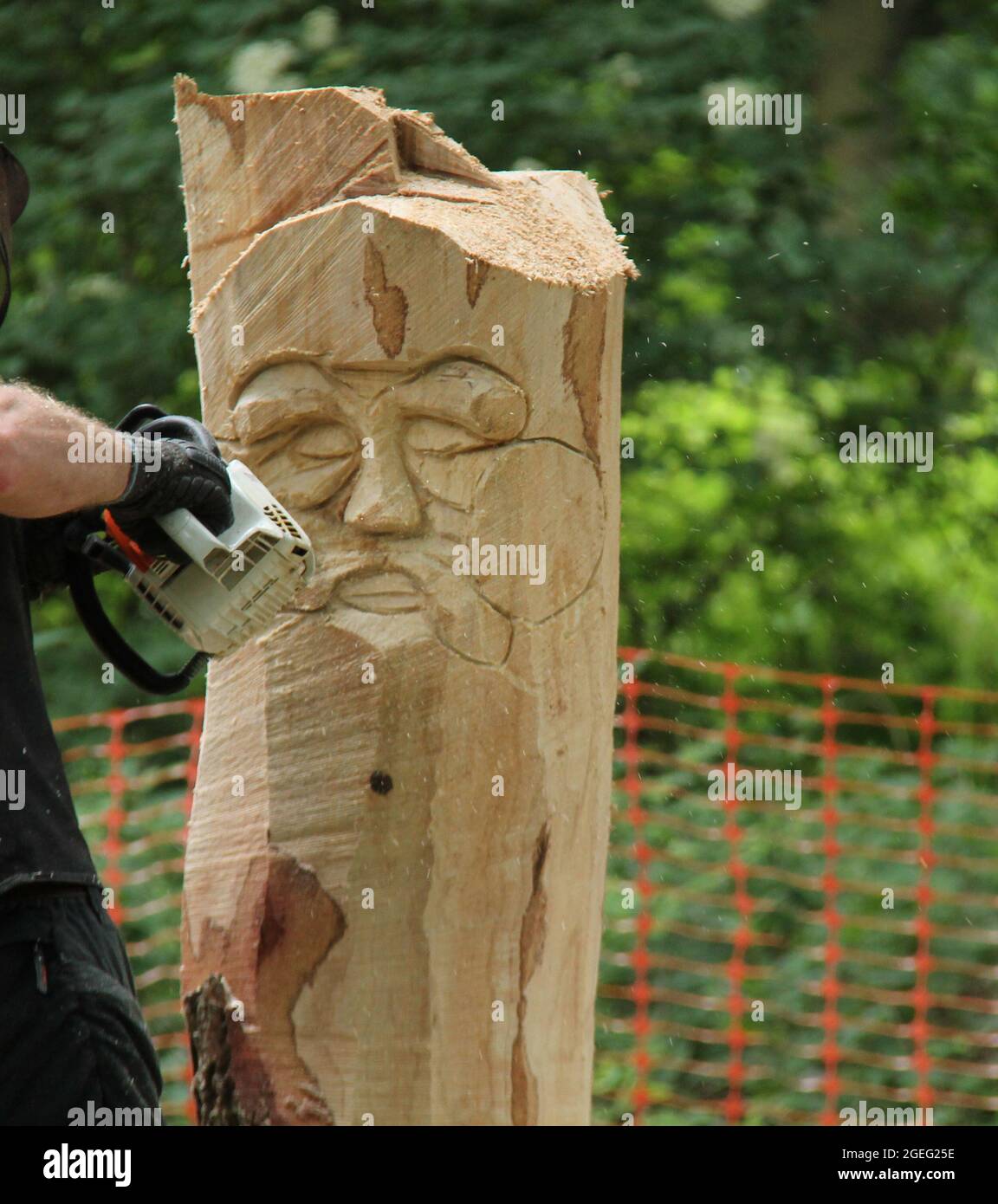 Creazione di una scultura in legno utilizzando una motosega. Foto Stock