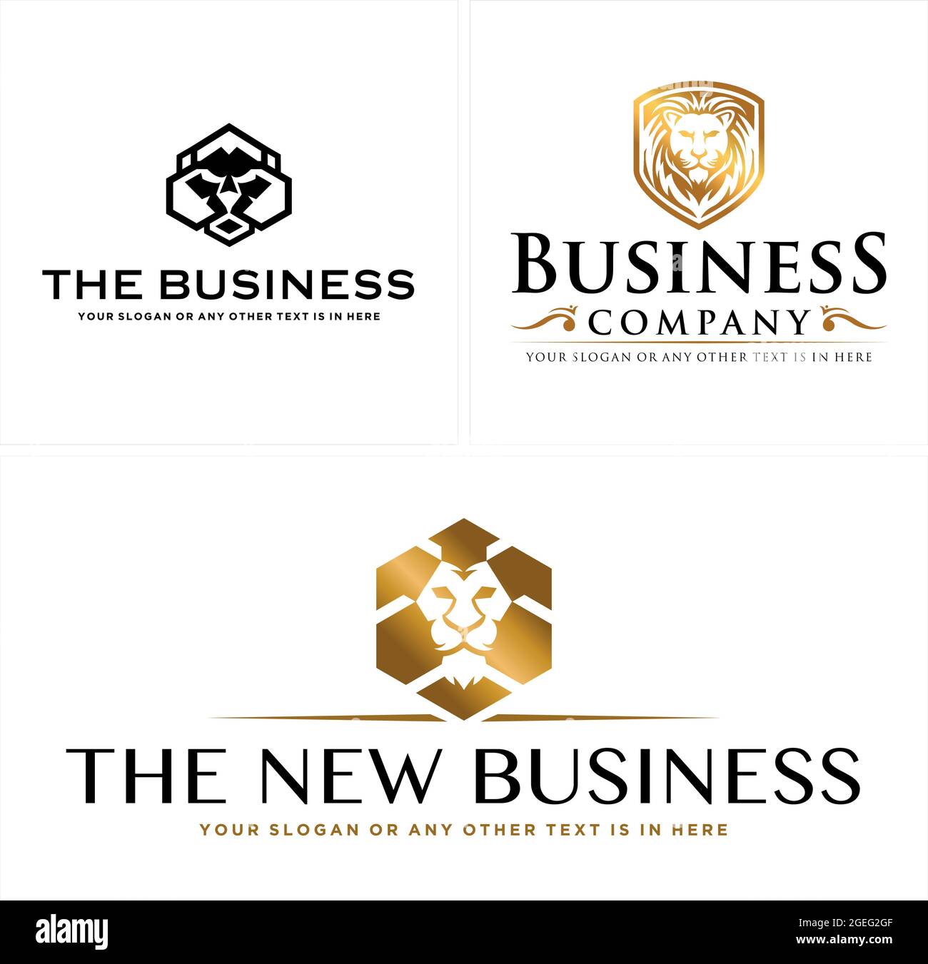 Business logo con leone king testa scudo oro lusso Illustrazione Vettoriale