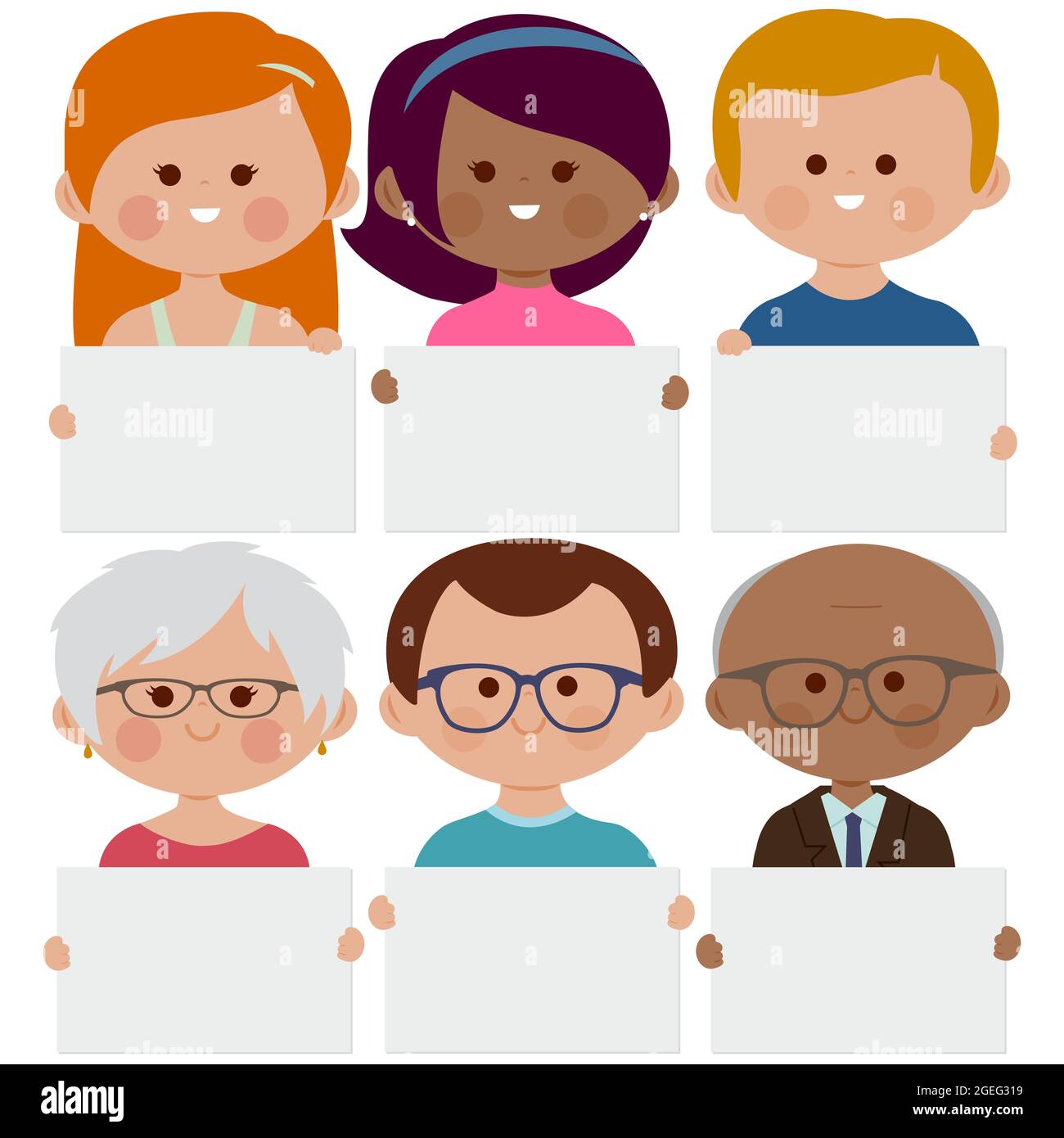 Un gruppo diversificato di persone con cartelloni vuoti. Foto Stock