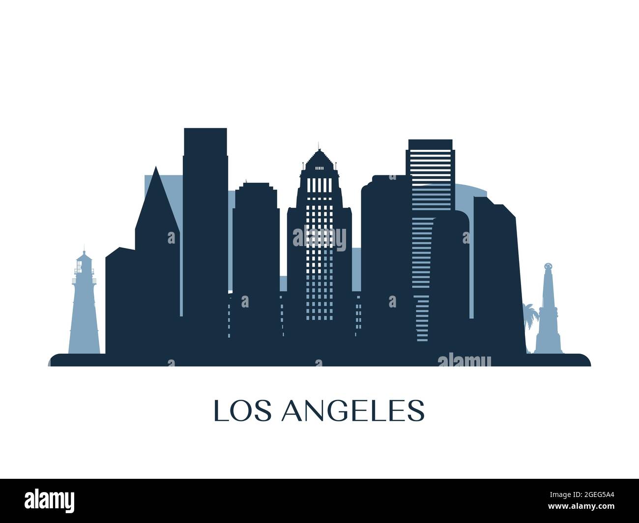 Skyline di Los Angeles, silhouette monocromatica. Illustrazione vettoriale. Illustrazione Vettoriale