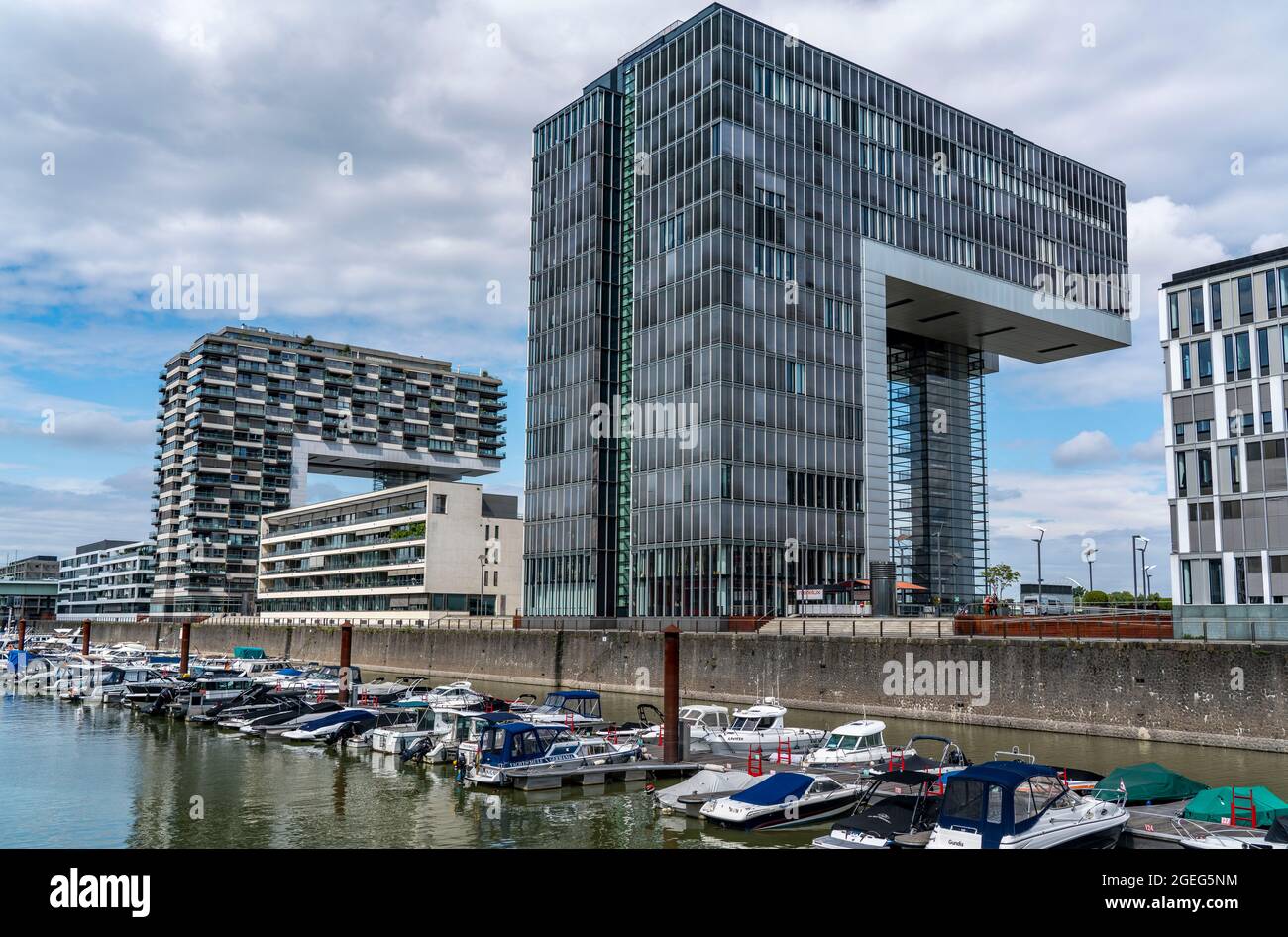 Le gru si trovano a Colonia Sud, sul Reno, presso il vecchio porto doganale, Rheinau-Sporthafen Colonia, edifici residenziali e uffici, Colonia, N. Foto Stock