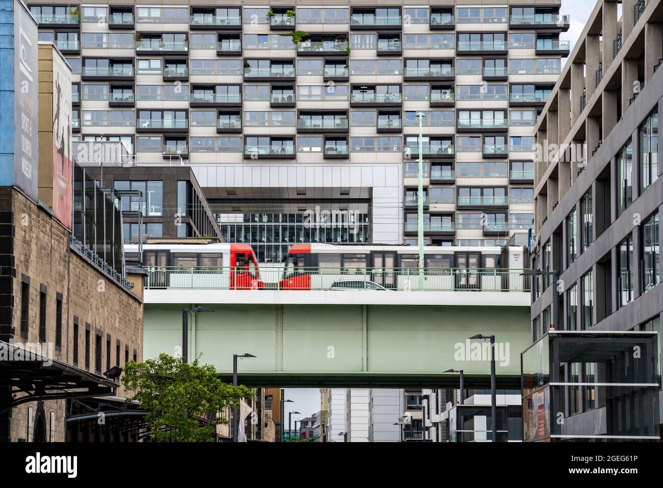 Tram linea 4 sulla Severinsbrücke sul Reno, gru a Colonia Sud, sul Reno, al vecchio porto doganale, residenziale e uffici high-ri Foto Stock