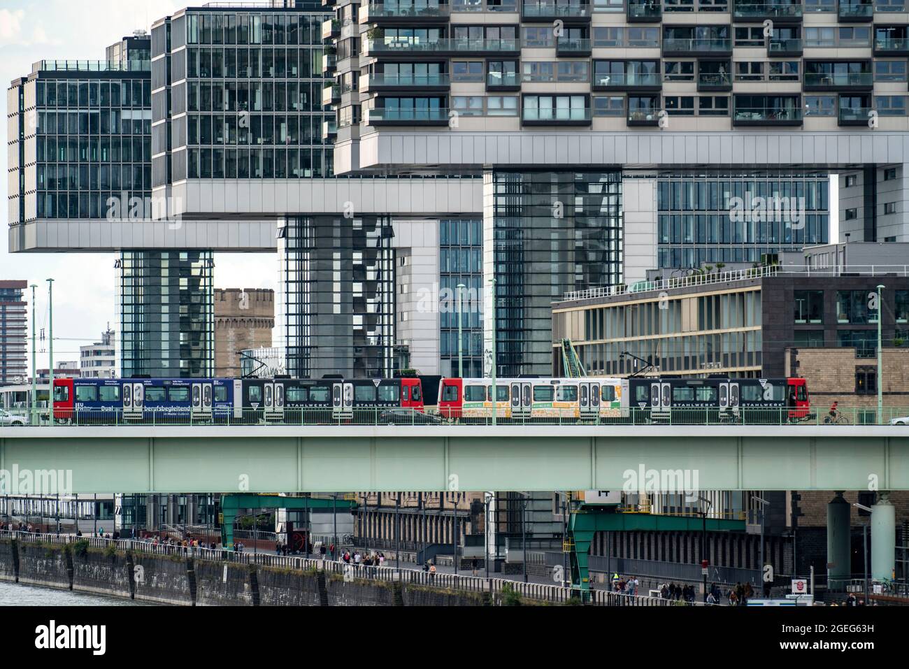 Tram linea 4 sulla Severinsbrücke sul Reno, gru a Colonia Sud, sul Reno, al vecchio porto doganale, residenziale e uffici high-ri Foto Stock