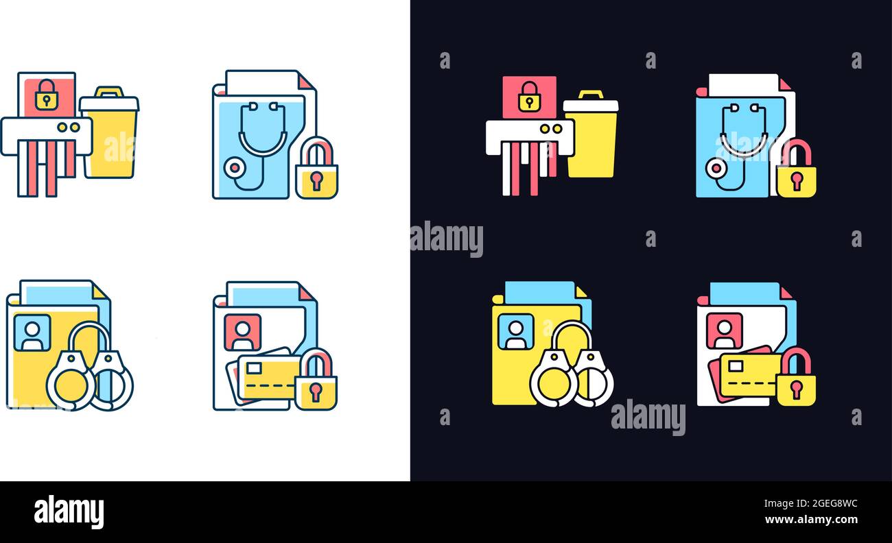 Sensibilità delle informazioni tema chiaro e scuro icone di colore RGB impostate Illustrazione Vettoriale