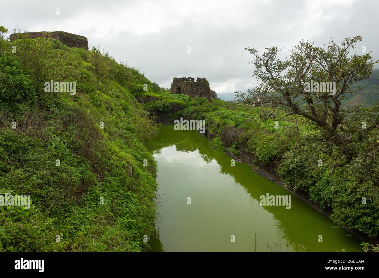 Una delle due cisterne d'acqua tagliate nella roccia sulla cima del forte di Hatgad, Nashik, Maharashtra, India. L'acqua è disponibile tutto l'anno Foto Stock