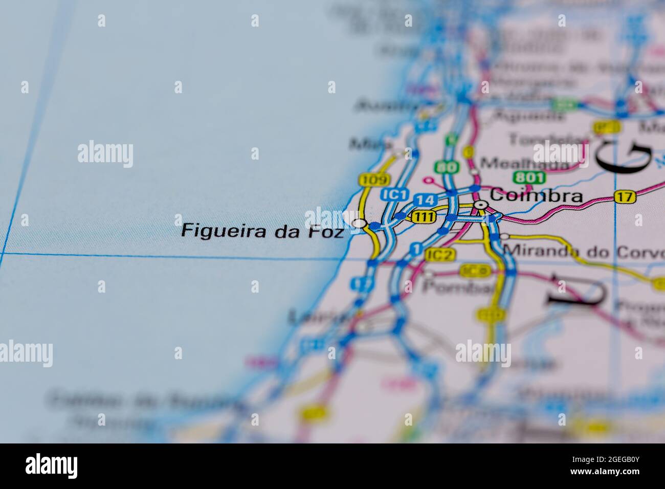 Figueira da Foz Portogallo è indicata su una mappa stradale o su una mappa geografica Foto Stock