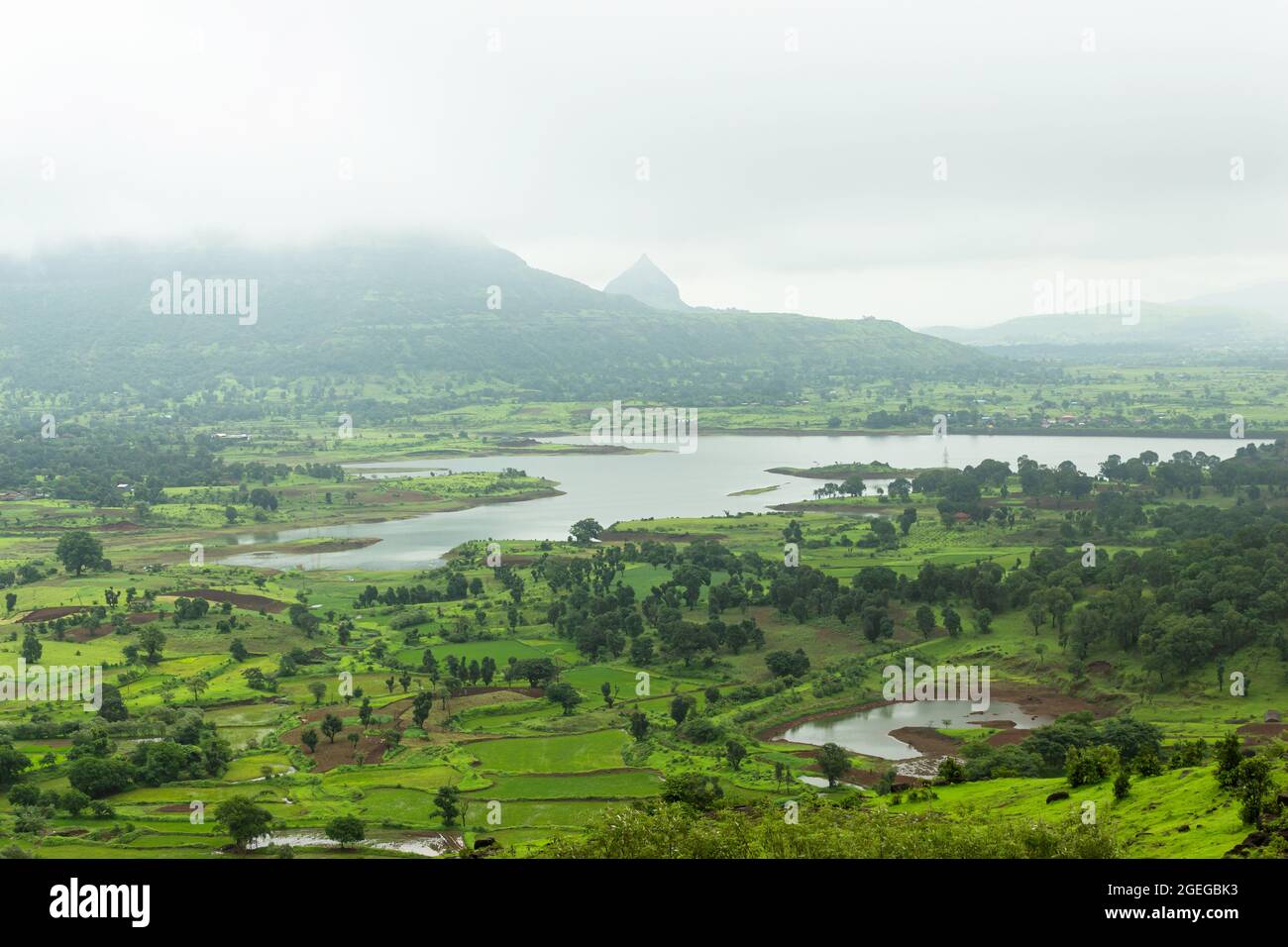 Vista di Tringalwadi diga irrigazione backwaters e campi, Nashik, Maharashtra, India. Foto Stock