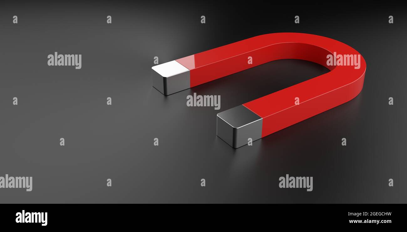 Magnete rosso su sfondo grigio scuro, attrazione commerciale o di marketing o concetto di potenza, illustrazione 3D Foto Stock