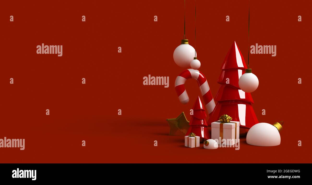 Sfondo rosso con alberi di Natale, scatole regalo, caramelle. Progettazione di oggetti realistica. rendering 3d Foto Stock