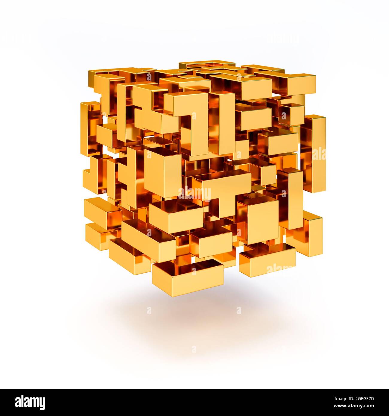 Un cubo di tetris hovering come blocchi d'oro in una vista esplosa. Sfondo astratto. Foto Stock