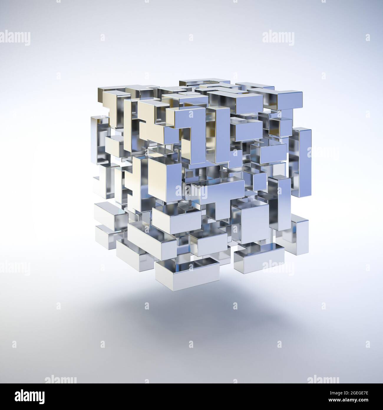 Un cubo di tetris hovering come blocchi metallici in una vista esplosa. Sfondo astratto. Foto Stock