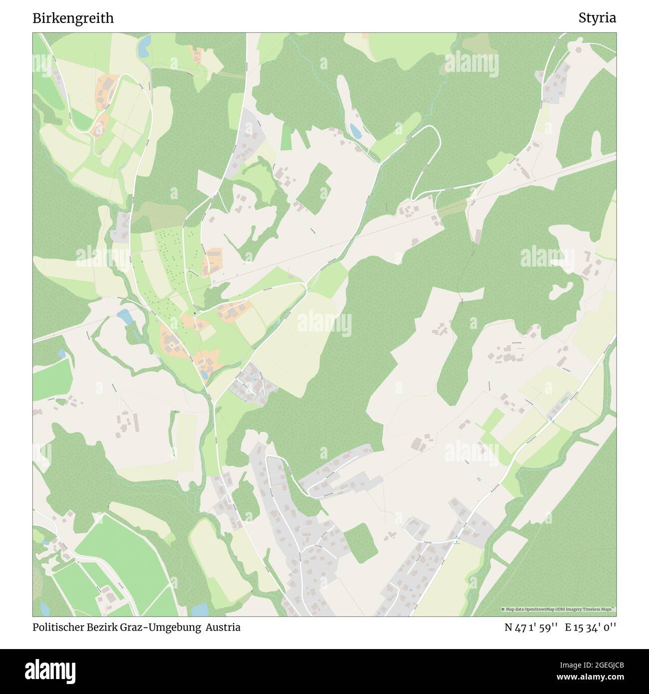 Birkengreith, Politischer Bezirk Graz-Umgebung, Austria, Stiria, N 47 1' 59'', e 15 34' 0''', mappa, Mappa senza tempo pubblicata nel 2021. Viaggiatori, esploratori e avventurieri come Florence Nightingale, David Livingstone, Ernest Shackleton, Lewis and Clark e Sherlock Holmes si sono affidati alle mappe per pianificare i viaggi verso gli angoli più remoti del mondo, Timeless Maps sta mappando la maggior parte delle località del mondo, mostrando il successo di grandi sogni Foto Stock