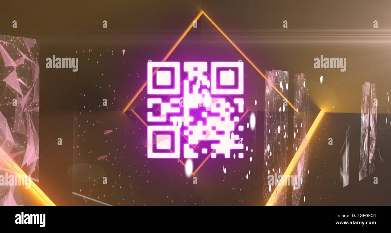 Scanner di codici QR con elementi neon contro schermi di reti di connessioni Foto Stock