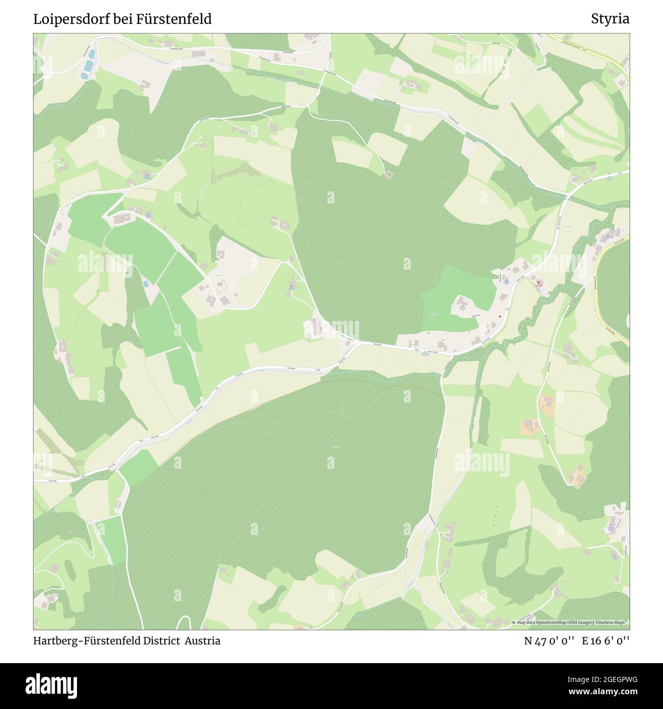 Loipersdorf bei Fürstenfeld, distretto di Hartberg-Fürstenfeld, Austria, Stiria, N 47 0' 0''', e 16 6' 0''', mappa, Mappa senza tempo pubblicata nel 2021. Viaggiatori, esploratori e avventurieri come Florence Nightingale, David Livingstone, Ernest Shackleton, Lewis and Clark e Sherlock Holmes si sono affidati alle mappe per pianificare i viaggi verso gli angoli più remoti del mondo, Timeless Maps sta mappando la maggior parte delle località del mondo, mostrando il successo di grandi sogni Foto Stock