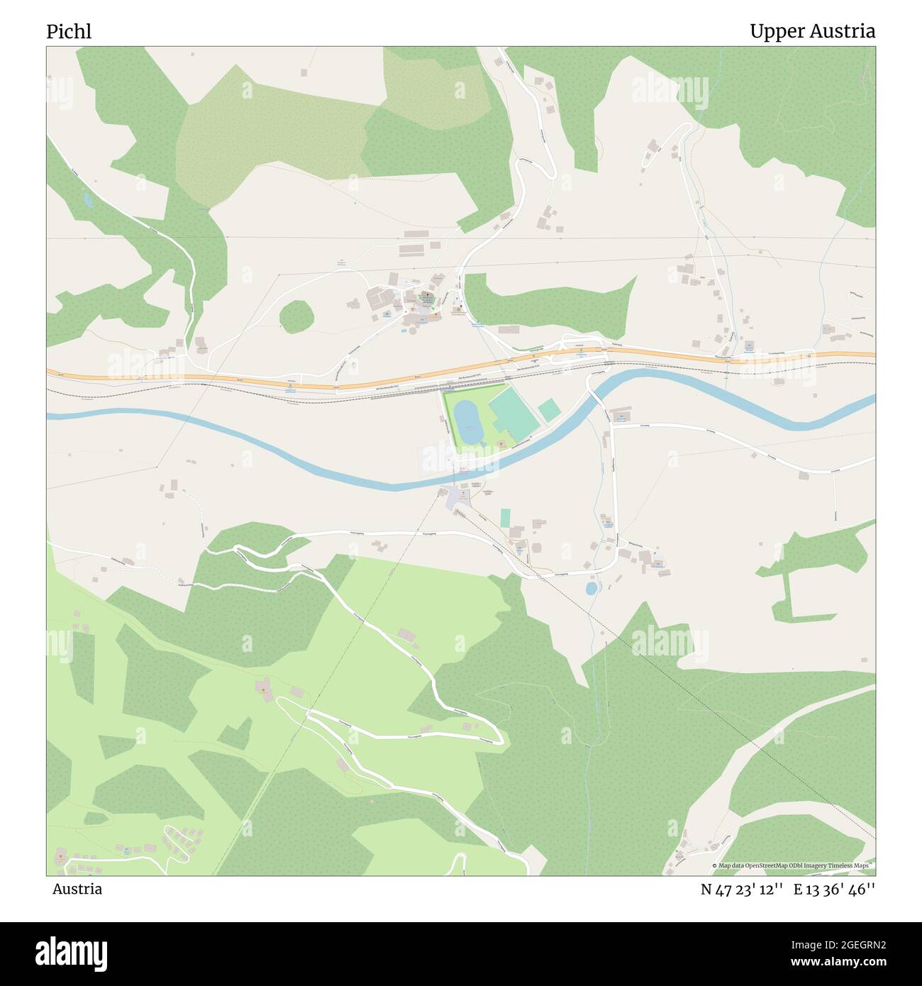 Pichl, Austria, Austria superiore, N 47 23' 12'', e 13 36' 46'', mappa, mappa senza tempo pubblicata nel 2021. Viaggiatori, esploratori e avventurieri come Florence Nightingale, David Livingstone, Ernest Shackleton, Lewis and Clark e Sherlock Holmes si sono affidati alle mappe per pianificare i viaggi verso gli angoli più remoti del mondo, Timeless Maps sta mappando la maggior parte delle località del mondo, mostrando il successo di grandi sogni Foto Stock