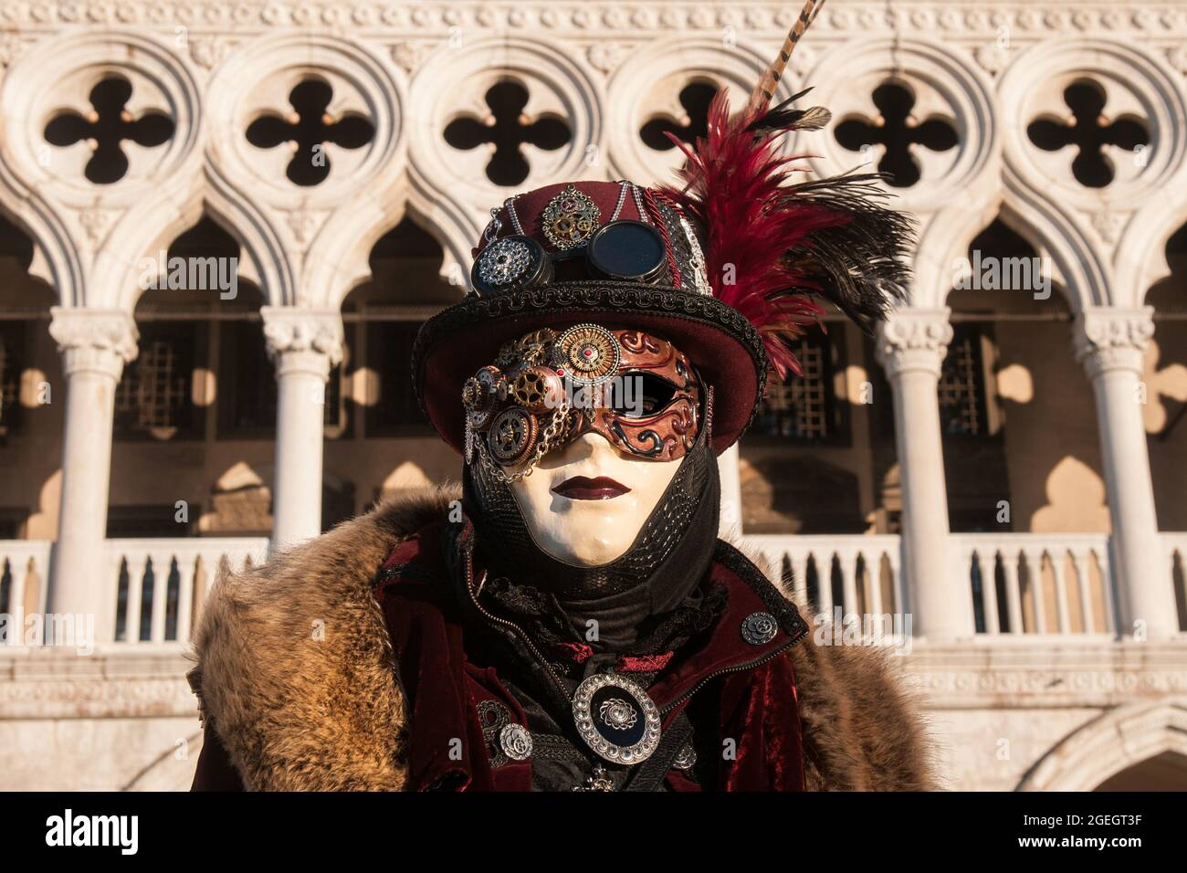 Persona che indossa una maschera facciale, un costume da carnevale e un  cappello di fronte al palazzo del Doge Foto stock - Alamy