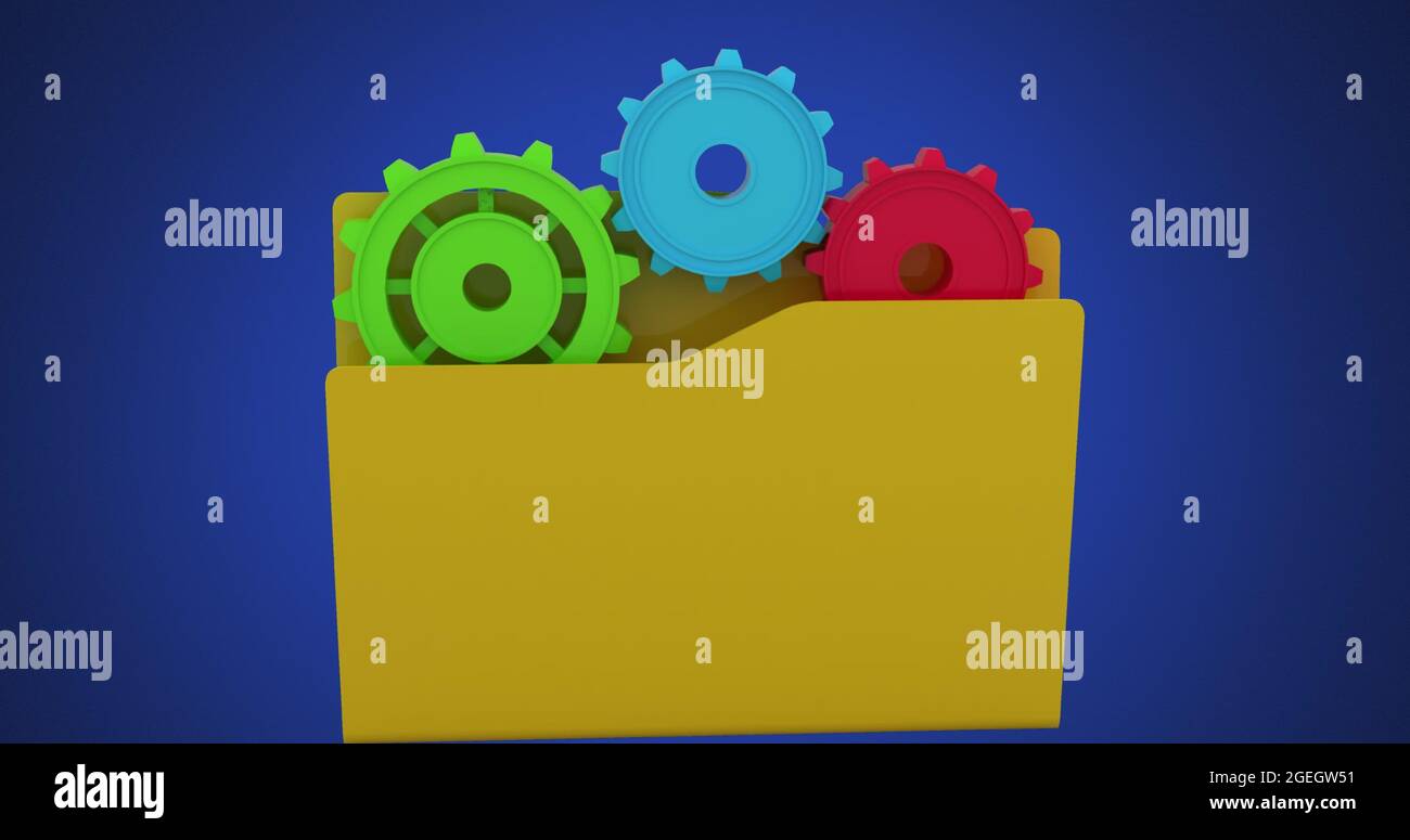 Immagine digitale della cartella e icona di impostazione su sfondo blu Foto Stock