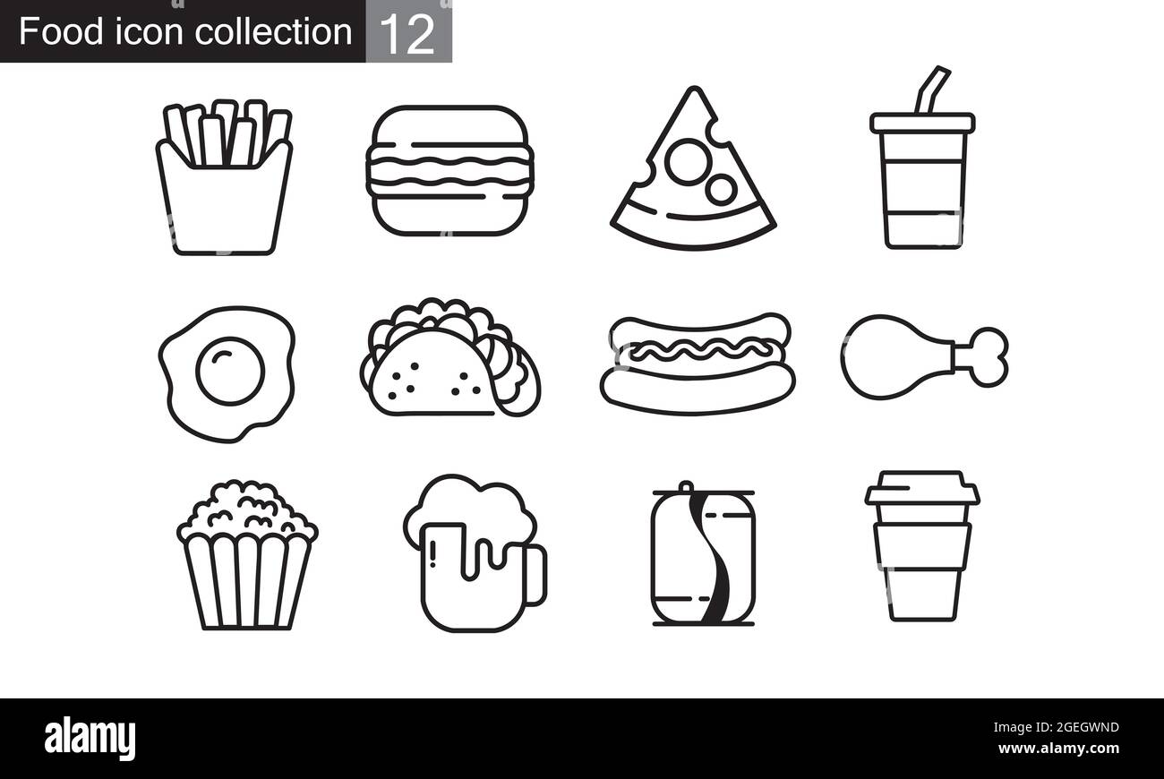 Icone fast food impostate in un'illustrazione vettoriale in stile piatto. Illustrazione Vettoriale