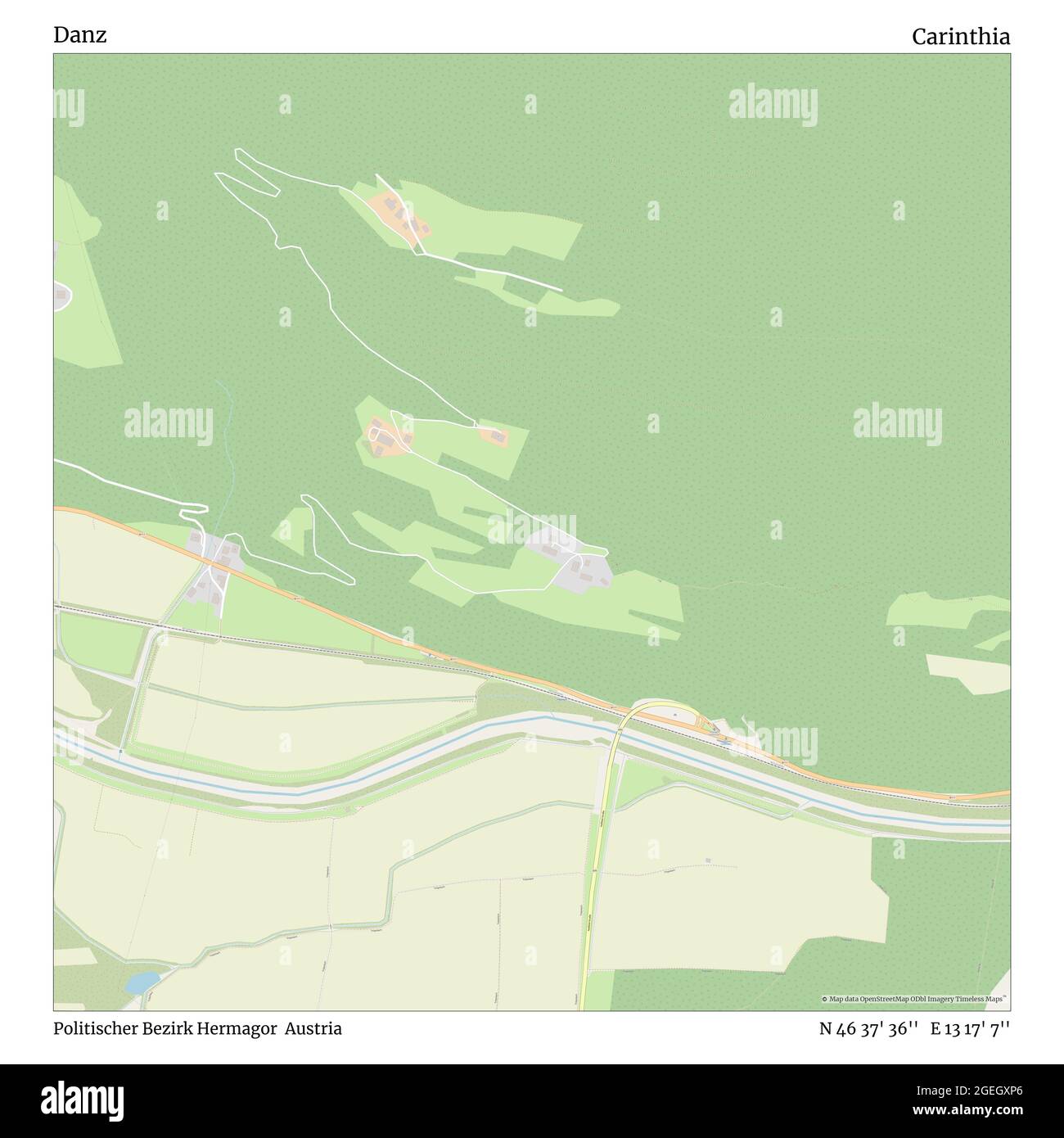 Danz, Politischer Bezirk Hermagor, Austria, Carinzia, N 46 37' 36''', e 13 17' 7''', mappa, Mappa senza tempo pubblicata nel 2021. Viaggiatori, esploratori e avventurieri come Florence Nightingale, David Livingstone, Ernest Shackleton, Lewis and Clark e Sherlock Holmes si sono affidati alle mappe per pianificare i viaggi verso gli angoli più remoti del mondo, Timeless Maps sta mappando la maggior parte delle località del mondo, mostrando il successo di grandi sogni Foto Stock