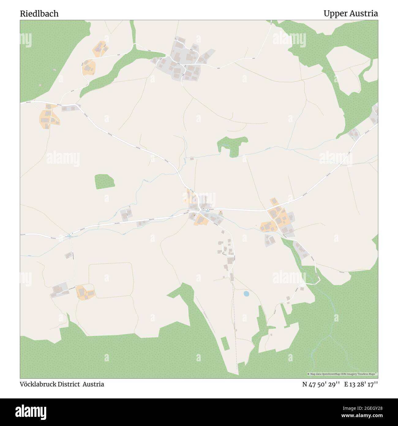 Riedlbach, distretto di Vöcklabruck, Austria, Austria superiore, N 47 50' 29'', e 13 28' 17'', mappa, mappa senza tempo pubblicata nel 2021. Viaggiatori, esploratori e avventurieri come Florence Nightingale, David Livingstone, Ernest Shackleton, Lewis and Clark e Sherlock Holmes si sono affidati alle mappe per pianificare i viaggi verso gli angoli più remoti del mondo, Timeless Maps sta mappando la maggior parte delle località del mondo, mostrando il successo di grandi sogni Foto Stock