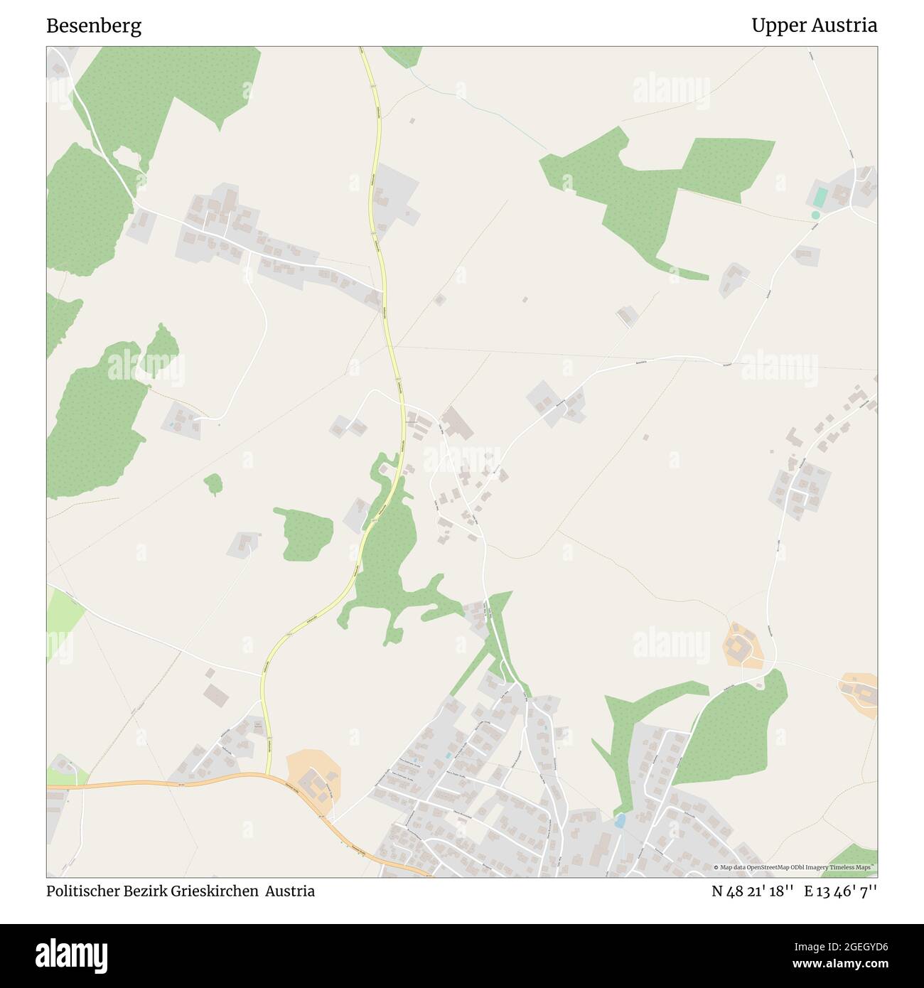 Besenberg, Politischer Bezirk Grieskirchen, Austria, Austria superiore, N 48 21' 18''', e 13 46' 7''', mappa, Mappa senza tempo pubblicata nel 2021. Viaggiatori, esploratori e avventurieri come Florence Nightingale, David Livingstone, Ernest Shackleton, Lewis and Clark e Sherlock Holmes si sono affidati alle mappe per pianificare i viaggi verso gli angoli più remoti del mondo, Timeless Maps sta mappando la maggior parte delle località del mondo, mostrando il successo di grandi sogni Foto Stock