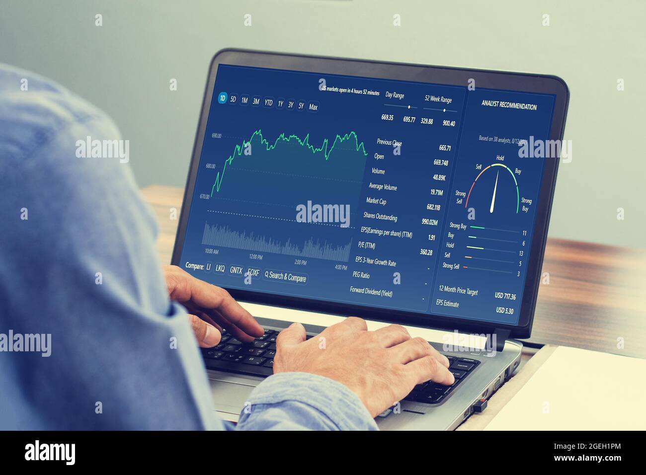 Uomo che usa il commercio del calcolatore in linea, investimento dell'uomo nel commercio di borsa Foto Stock