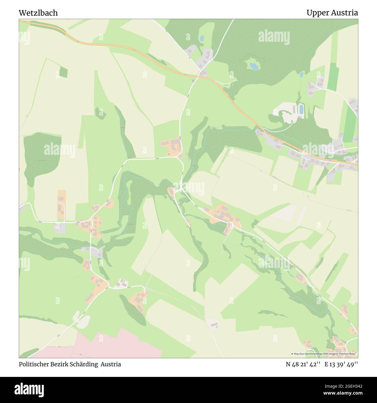 Wetzlbach, Politischer Bezirk Schärding, Austria, Austria superiore, N 48 21' 42''', e 13 39' 49''', mappa, Mappa senza tempo pubblicata nel 2021. Viaggiatori, esploratori e avventurieri come Florence Nightingale, David Livingstone, Ernest Shackleton, Lewis and Clark e Sherlock Holmes si sono affidati alle mappe per pianificare i viaggi verso gli angoli più remoti del mondo, Timeless Maps sta mappando la maggior parte delle località del mondo, mostrando il successo di grandi sogni Foto Stock