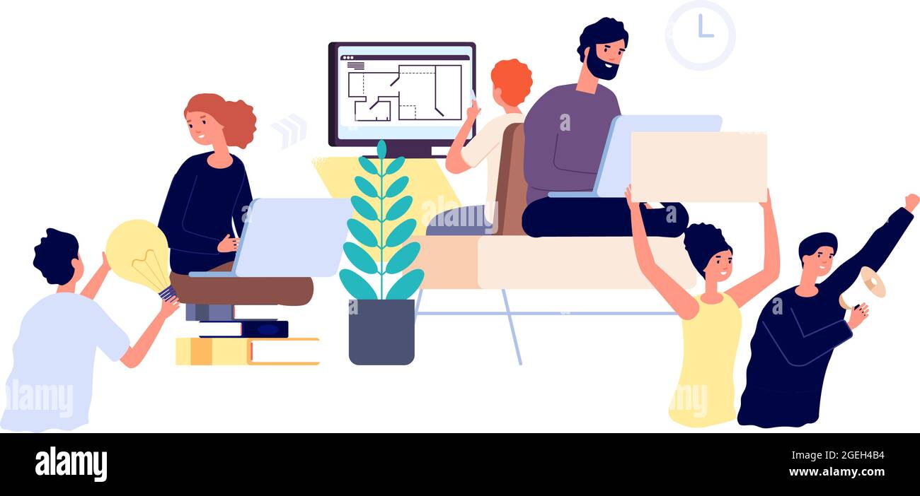 Sviluppatori di prodotti. Implementazione di progetti aziendali dall'idea al lancio. Lavoro di squadra, persone che lavorano passo dopo passo. Idea e marketing, catena freelance Illustrazione Vettoriale