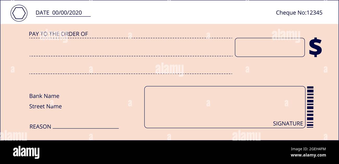 Assegno bancario. Assegni aziendali in bianco, assegno di donazione di denaro. Modello di pagina del libretto di controllo vuoto. Semplice layout di pagamento, falso fondo vettore di pagamento Illustrazione Vettoriale