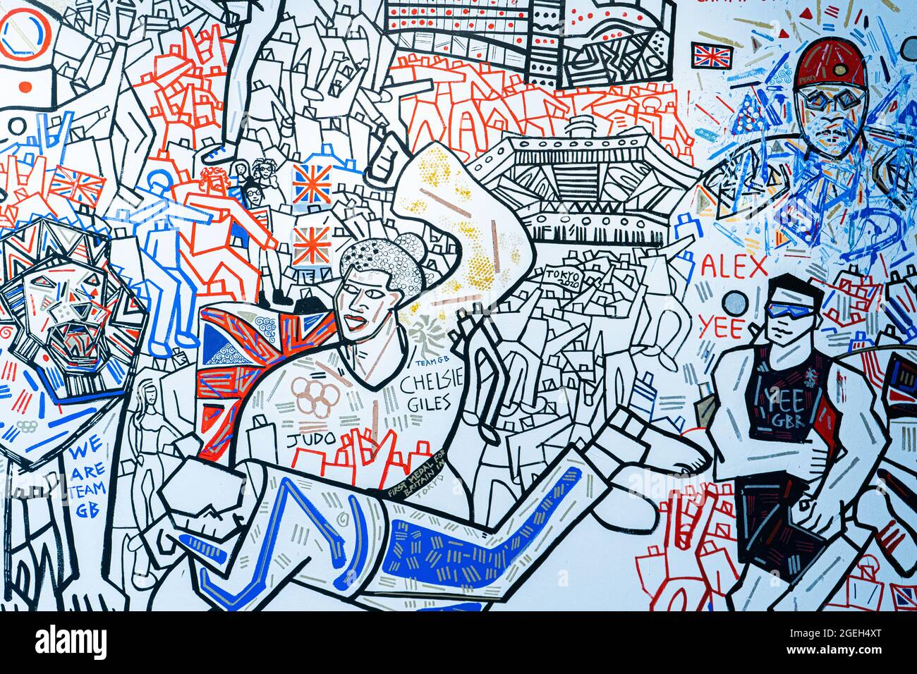 LONDRA, REGNO UNITO. 20 agosto 2021. Il murale del muro completato che ha inserito il successo degli atleti del Team Great Britain (GB) alle Olimpiadi di Tokyo del 2020. Il murale è stato creato ben Mosley, un pittore espressionista e d'azione presso il pop-up Team GB Studio di Carnaby Street, che è stato aggiornato ogni giorno durante i giochi olimpici con i successi medaglia degli atleti. Credit: amer Ghazzal/Alamy Live News Foto Stock