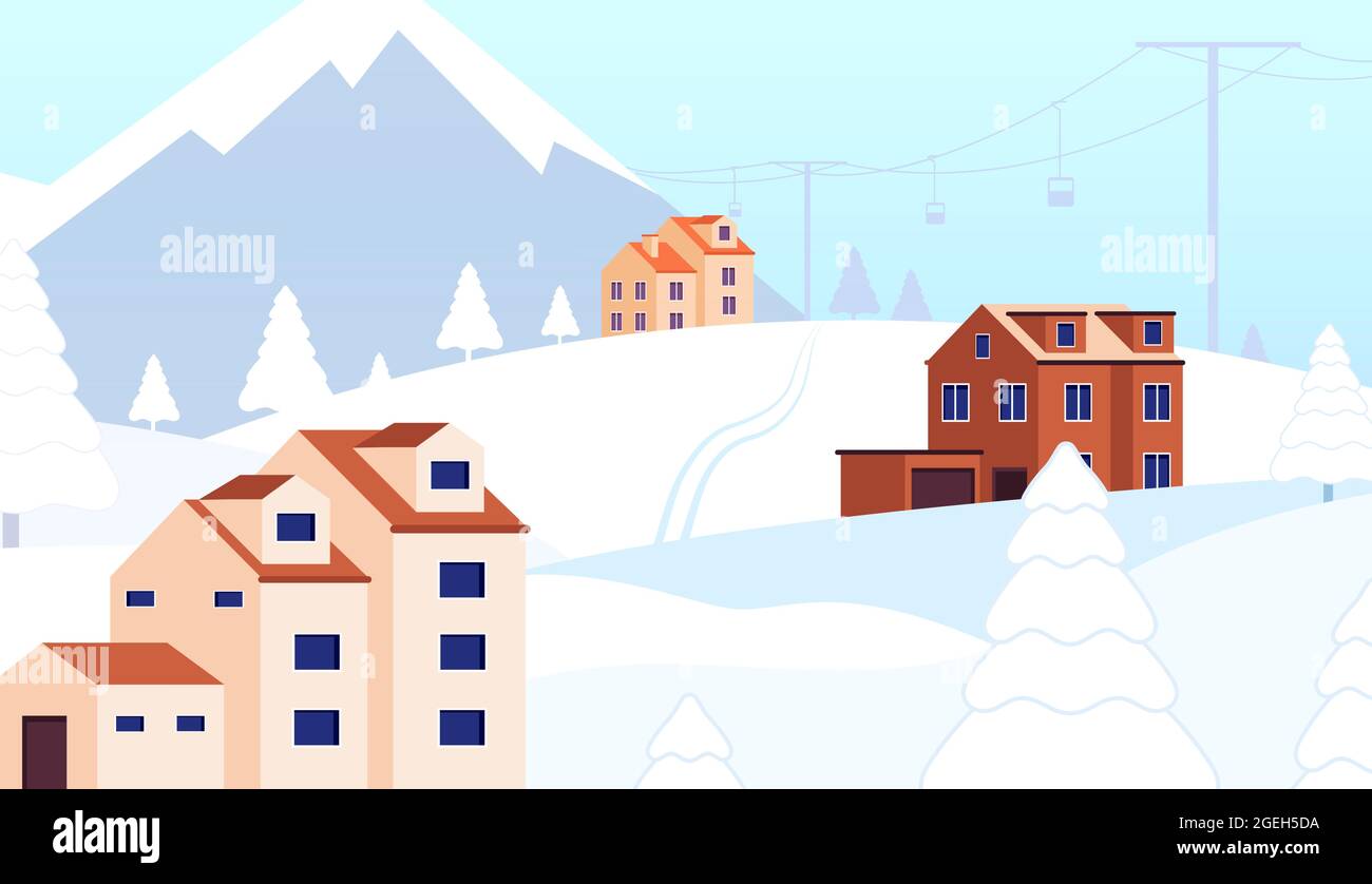 Vacanze invernali resort. Cottage foresta di neve, scena di natale con skilift. Hotel chalet paesaggio, tempo libero in montagna illustrazione vettoriale Illustrazione Vettoriale