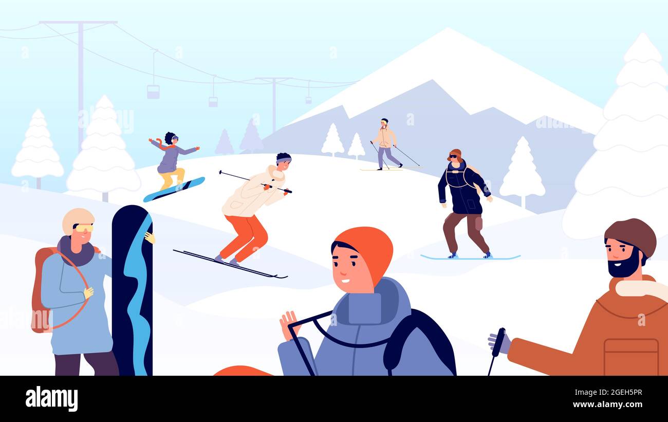 Stazione sciistica. Divertimento invernale, sciatori e snowboarder. Vacanza in montagna, paesaggio di neve e sport estremo uomo donna illustrazione vettoriale Illustrazione Vettoriale