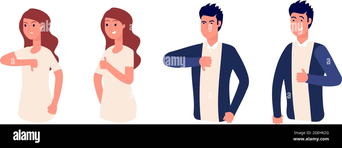 Mi piace o non mi piace. Con il pollice su, sì o no Uomo isolato donna social media gesto. Comunicazione via Internet, buona e cattiva o vettore approvato e disapprovato Illustrazione Vettoriale