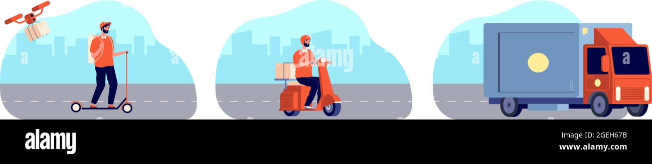 Servizio di consegna in città. Corriere uomo in bici, tracking pacco. Ordinare cibo online, spedizione digitale moderna e illustrazione vettoriale logistica Illustrazione Vettoriale