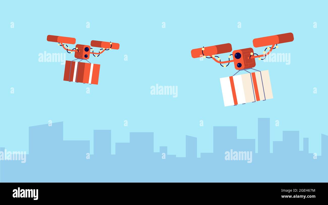 Presenta consegna drone. Regalo di Natale, pacchi volanti. Digitale logistico, moderno contactless servizio di acquisto a casa illustrazione vettoriale Illustrazione Vettoriale