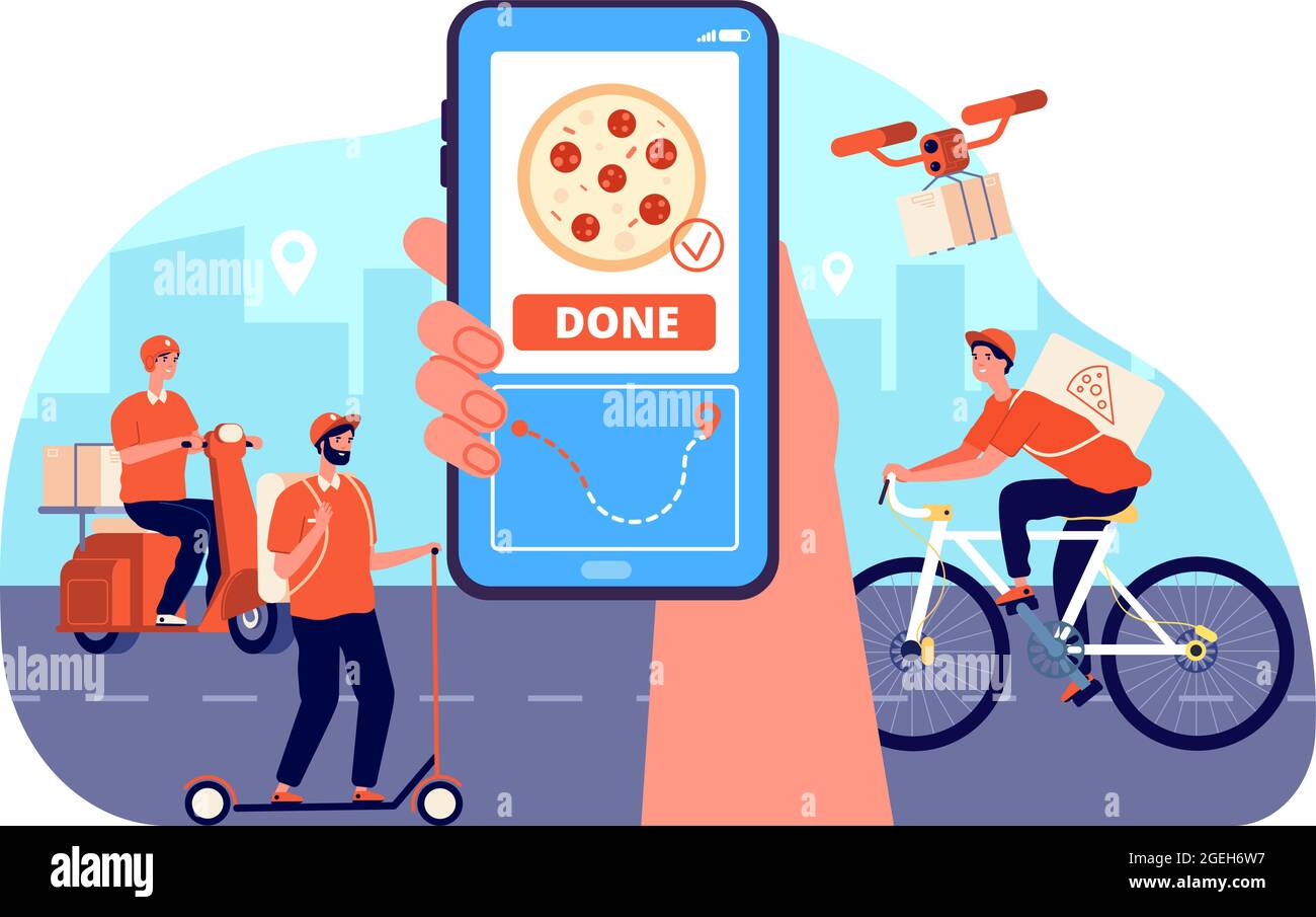 Consegna di cibo online. Servizio ordini ristorante, tracciamento merci da supermercato. Corriere rapido su bici, trasporto del pasto al concetto vettoriale domestico Illustrazione Vettoriale