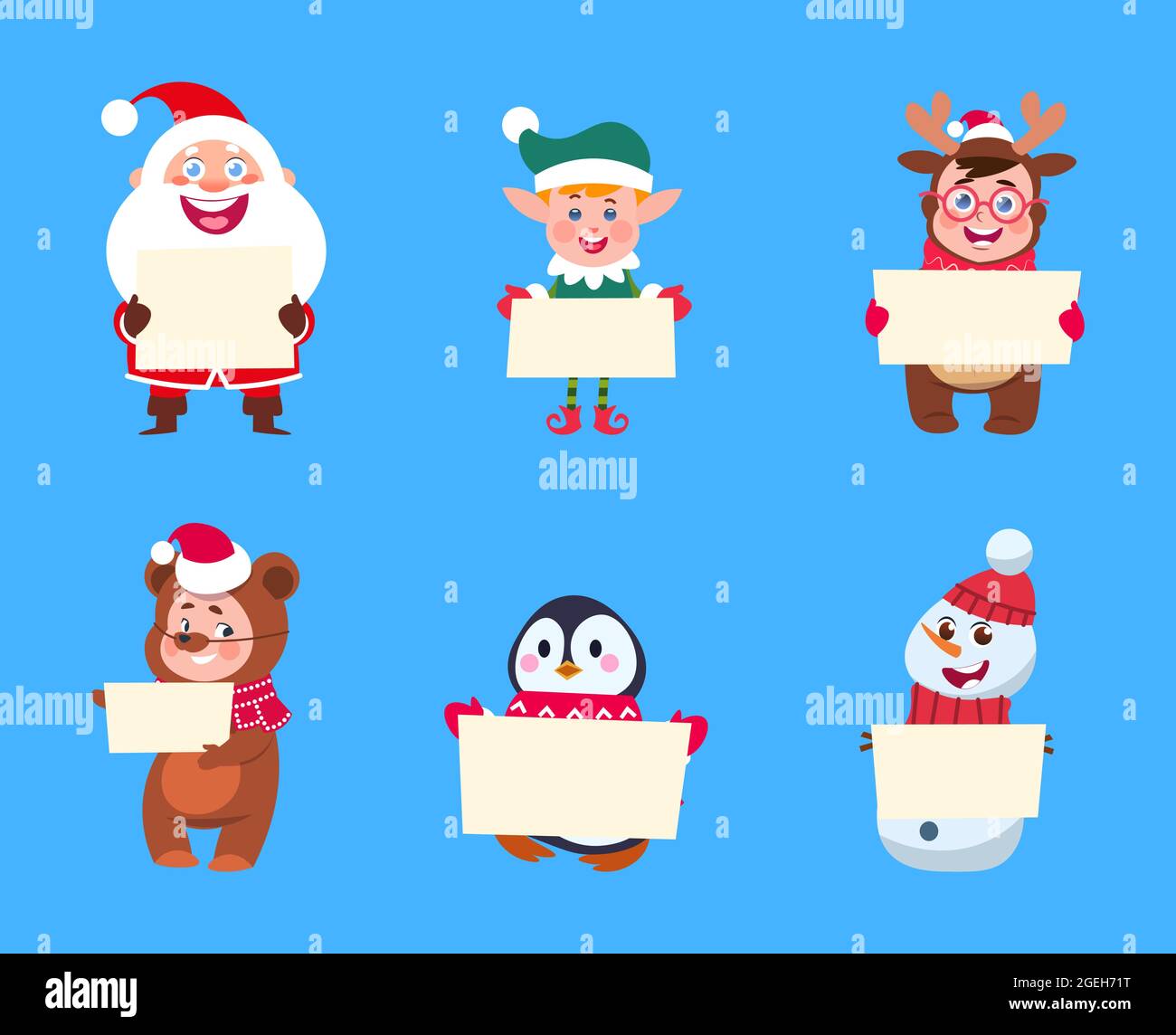 Personaggi di Natale. Babbo Natale, pupazzo di neve in possesso di striscioni. Penguin orso cervi nuovo anno persone illustrazione vettoriale Illustrazione Vettoriale
