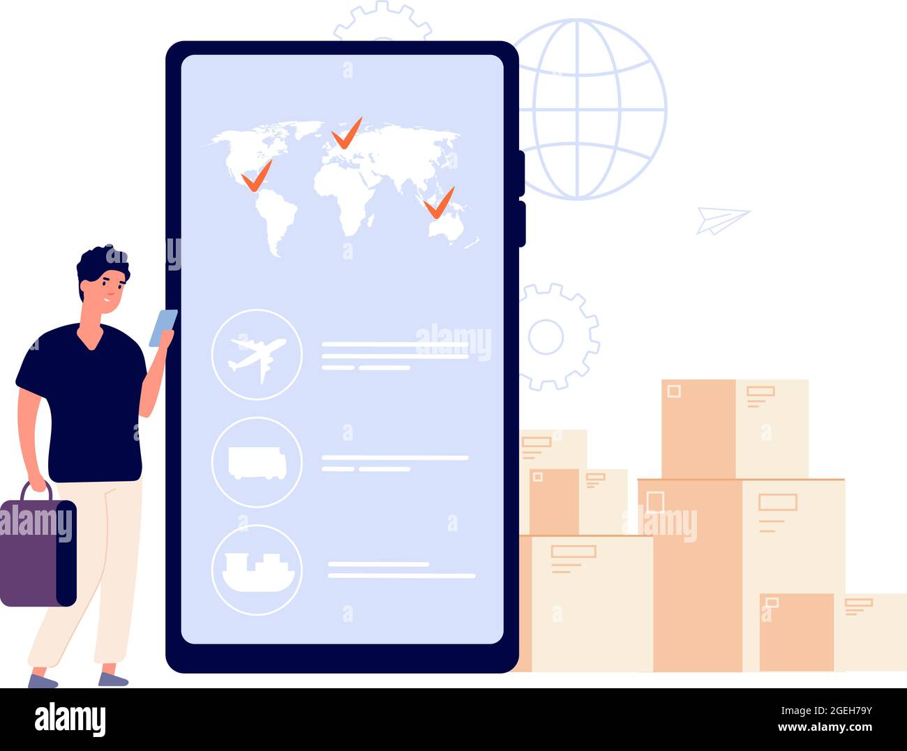 L'uomo sceglie la consegna. Servizio di spedizione online, trasporto di carichi diversi con aereo, camion o nave. Pacco tracking per ragazzo piatto con vettore mobile Illustrazione Vettoriale
