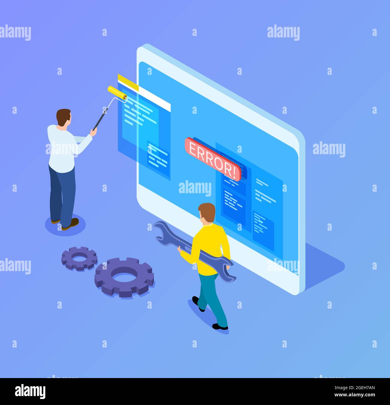 Sviluppatori web isometrici. Programmatori che lavorano con interfaccia, aggiornamento app mobile. illustrazione vettoriale dei tablet 3d e dei lavoratori it Illustrazione Vettoriale