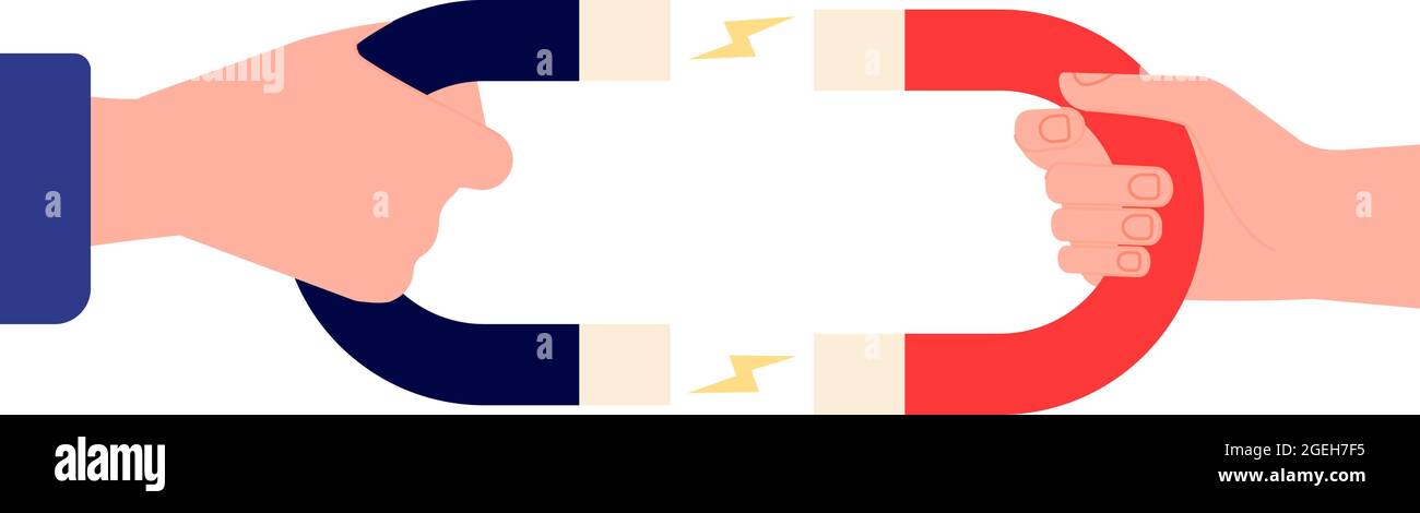 Magnete di tenuta delle mani. Commerciale attraente, uomo e donna attrazione metafora. Fidelizzazione dei clienti, tensione tra persone illustrazione vettoriale Illustrazione Vettoriale