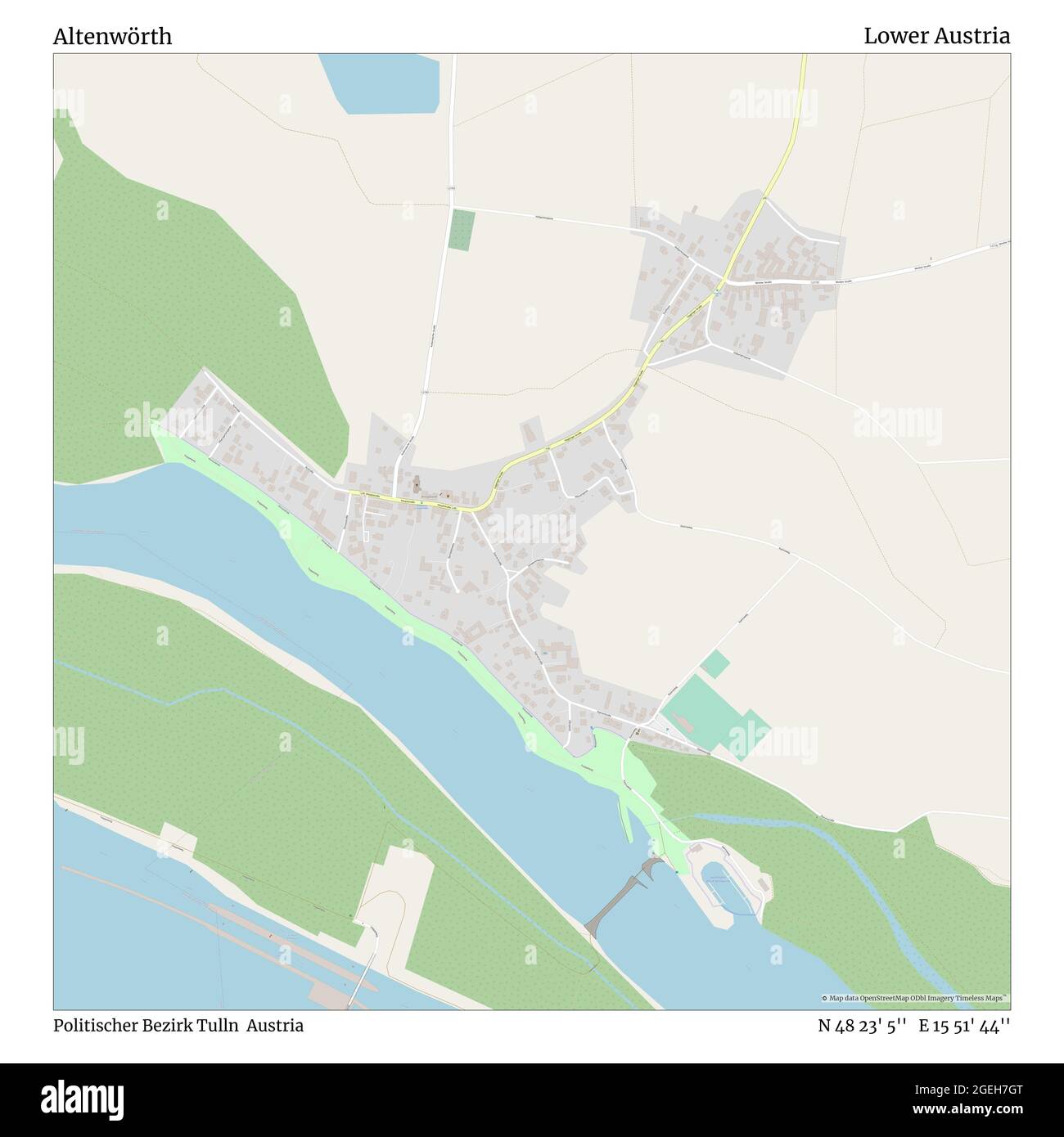 Altenwörth, Politischer Bezirk Tulln, Austria, bassa Austria, N 48 23' 5'', e 15 51' 44'', mappa, mappa senza tempo pubblicata nel 2021. Viaggiatori, esploratori e avventurieri come Florence Nightingale, David Livingstone, Ernest Shackleton, Lewis and Clark e Sherlock Holmes si sono affidati alle mappe per pianificare i viaggi verso gli angoli più remoti del mondo, Timeless Maps sta mappando la maggior parte delle località del mondo, mostrando il successo di grandi sogni Foto Stock