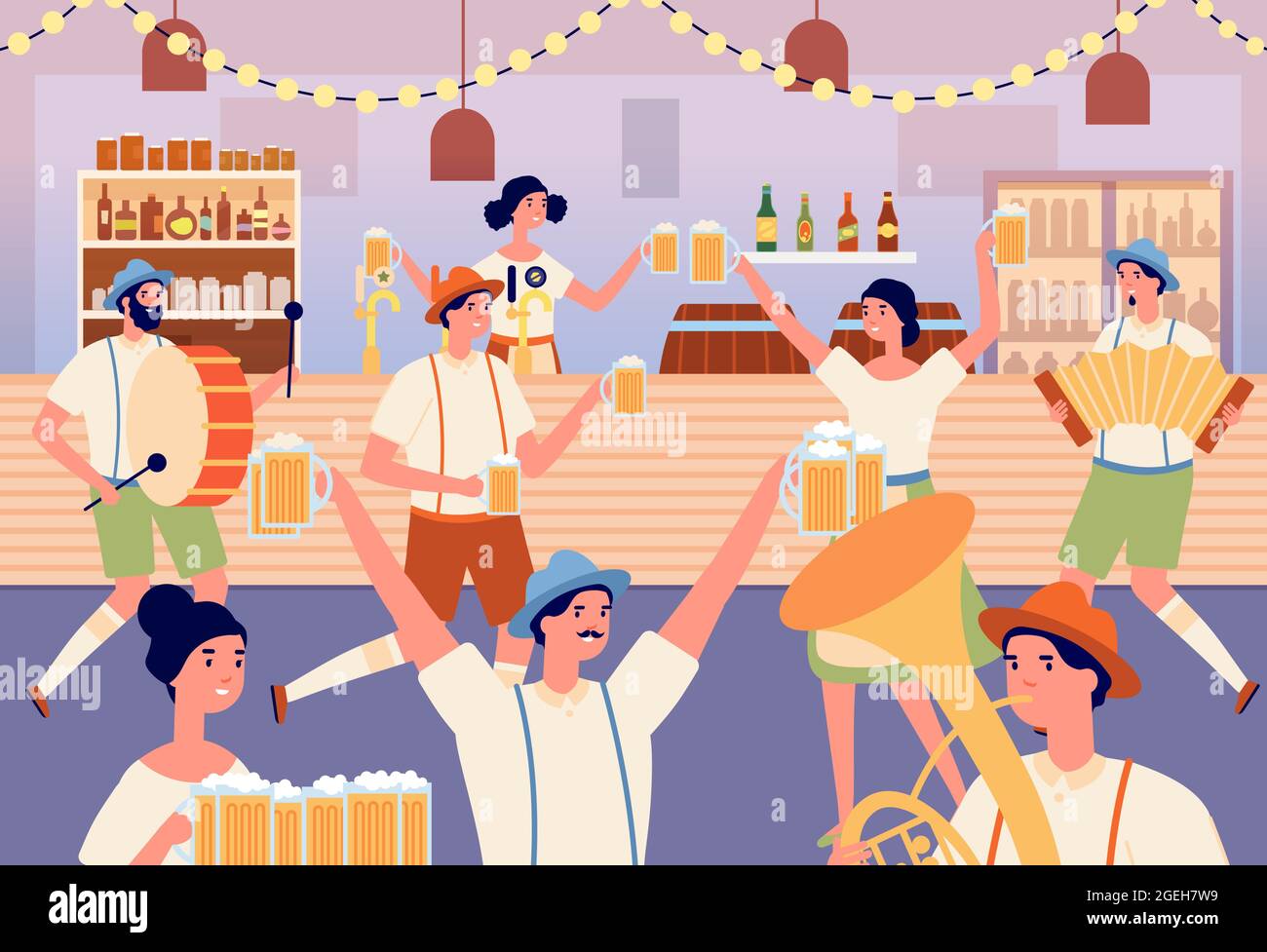 Festa dell'Oktoberfest. Donna da ballo con cartoni animati, tradizionale festa bavarese nella birreria bar. Musicisti e ballerini, persone con illustrazione vettoriale tazze Illustrazione Vettoriale