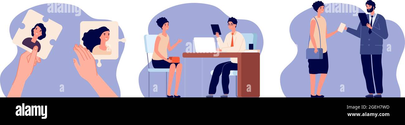 Agenzia HR. Reclutamento, domanda di ricerca di lavoro. Donna datore di lavoro assunzione, illustrazione servizio di carriera. Concetto di vettore di scelta candidato Illustrazione Vettoriale