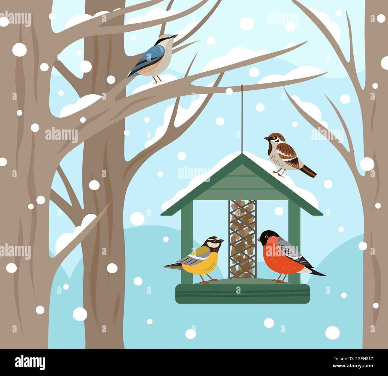 Alimentatore invernale. Boschi di neve, cibo di uccelli su poster albero. Alimentazione di animali selvatici sulla natura, bullfinch piatto chickadee robin illustrazione vettoriale Illustrazione Vettoriale