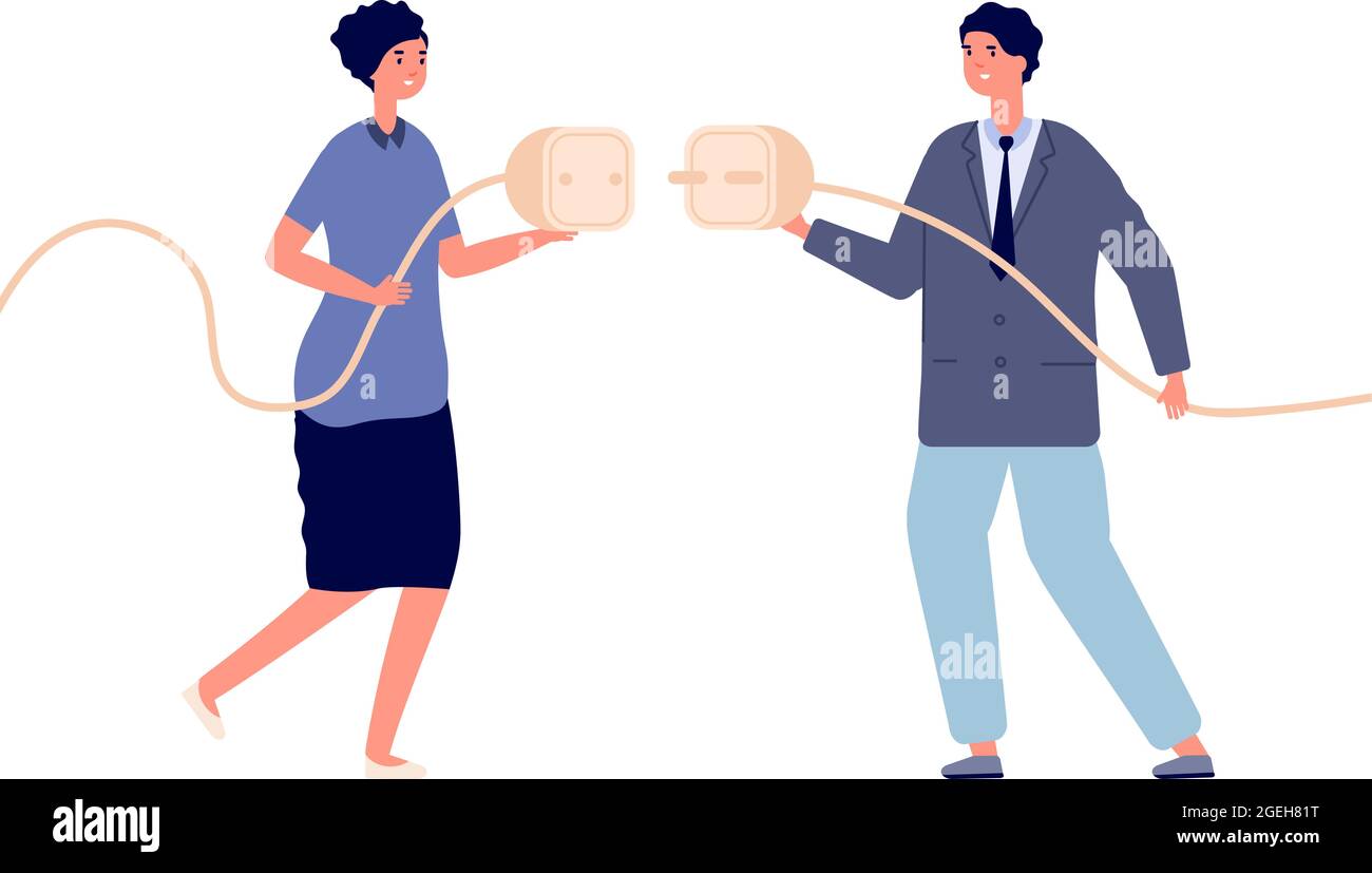 Collegamento di alimentazione aziendale. Energia elettrica, collaborazione donna con l'uomo. Connettore maschio per cavo, illustrazione vettoriale relazione intersessuale Illustrazione Vettoriale