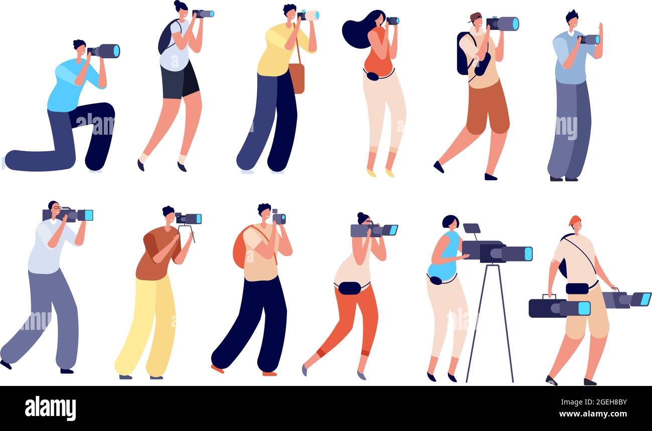 Fotografi e operatore. Video maker digitale, macchina fotografica professionale per artisti. Personaggi troupe cinematografici, illustrazione vettoriale del job cameraman Illustrazione Vettoriale